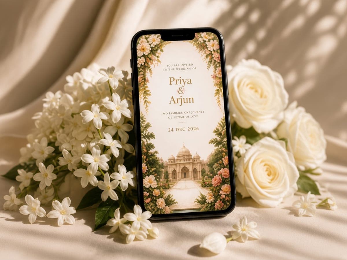 A Maṅgalya wedding invitation open on a phone