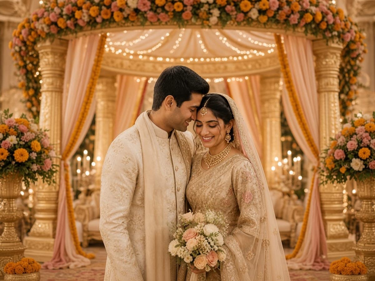 Mandap decorated with marigolds and drapes for an Indian wedding