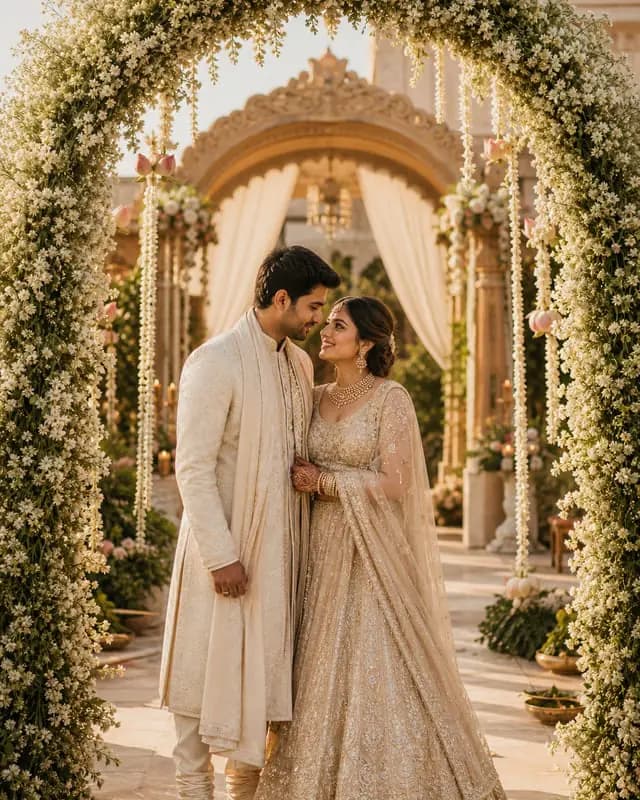 A bride and groom under a jasmine arch at their wedding