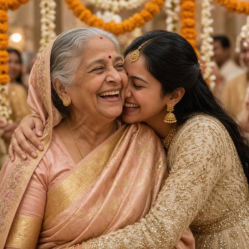 A grandmother and her granddaughter laughing together at the wedding