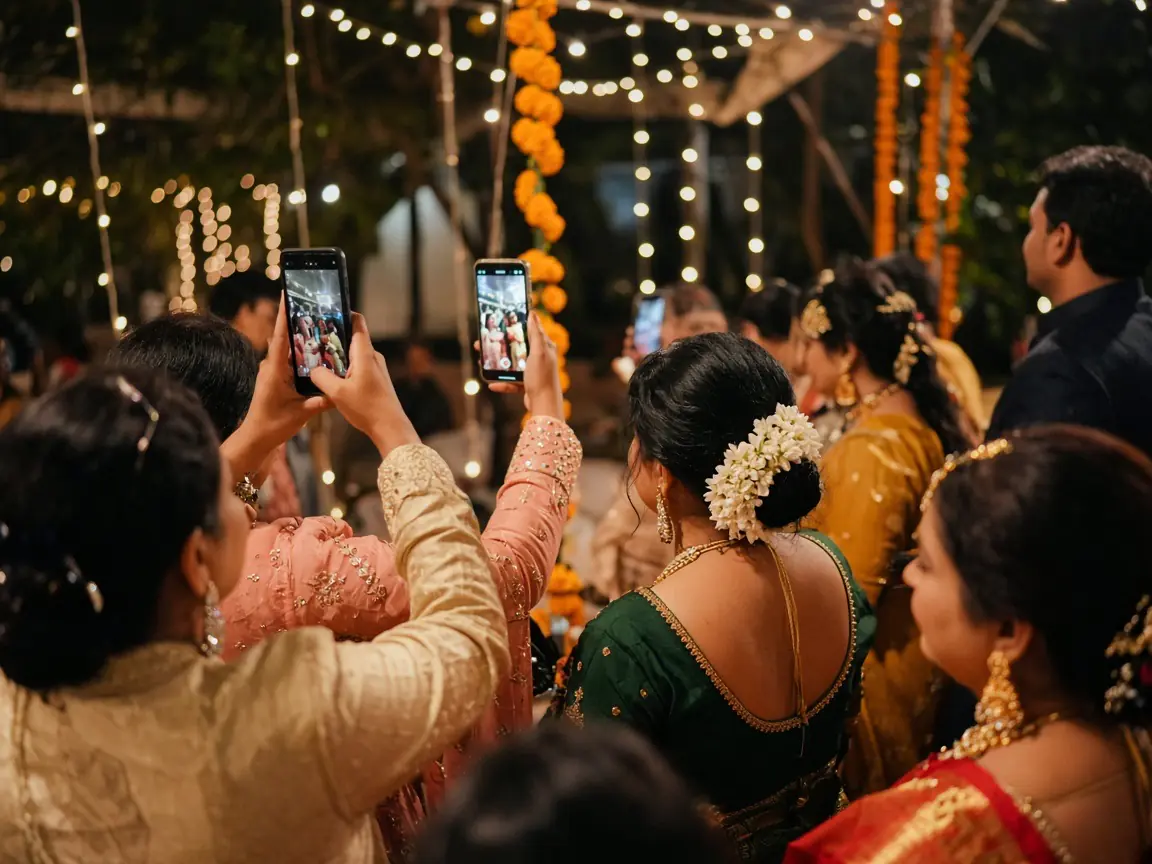 Guests at a wedding holding up their phones to photograph the couple
