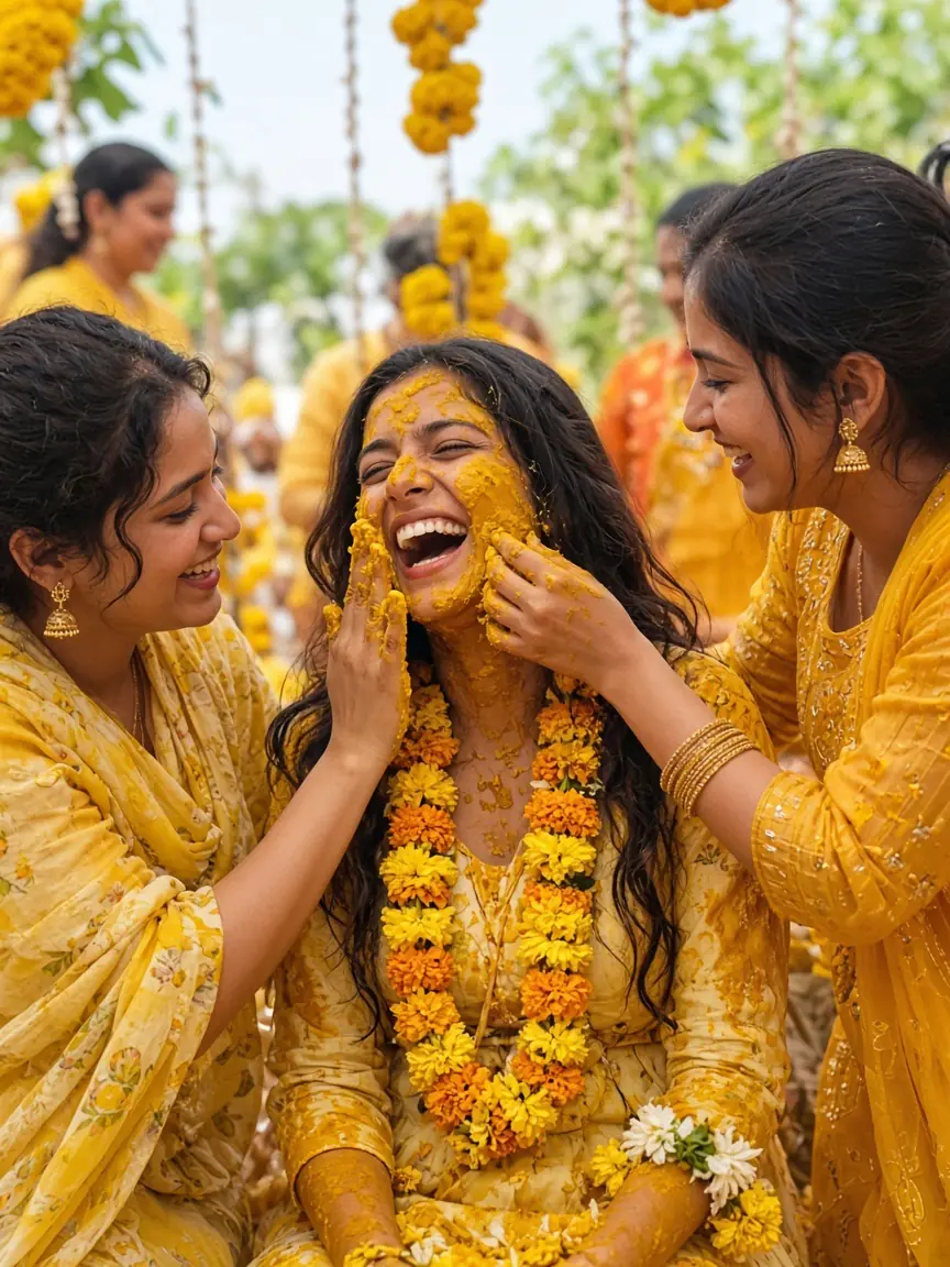 Friends covering the bride in turmeric at the haldi