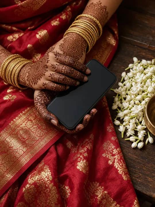 Mehendi-covered hands holding a phone