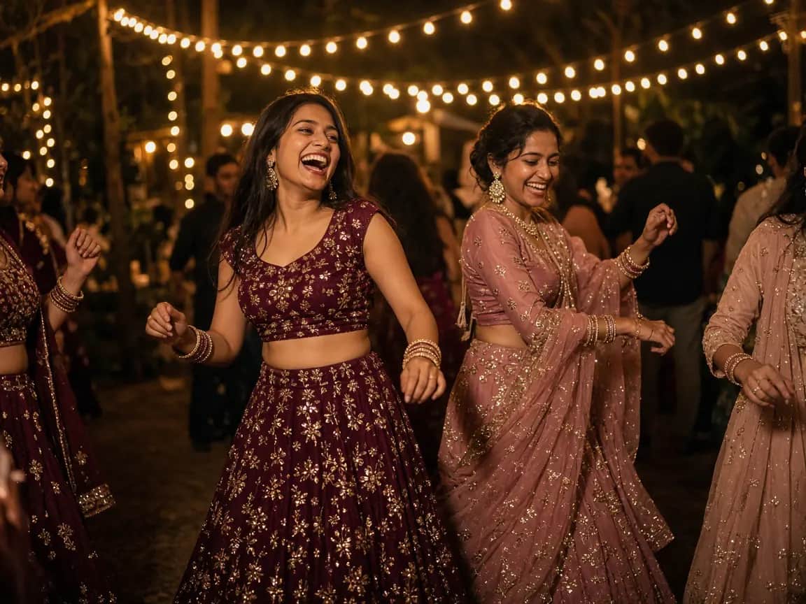 Guests laughing as they dance at the sangeet