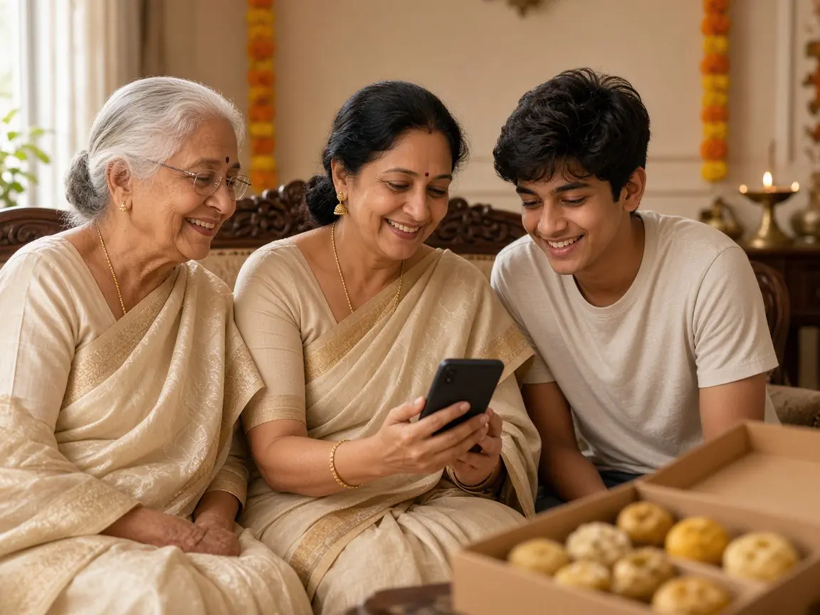 A grandmother, her daughter and grandson reading a wedding message on one phone