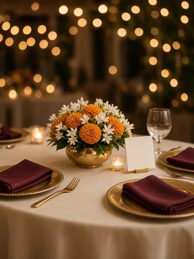 A reception table set with brass plates, marigolds and a blank place card