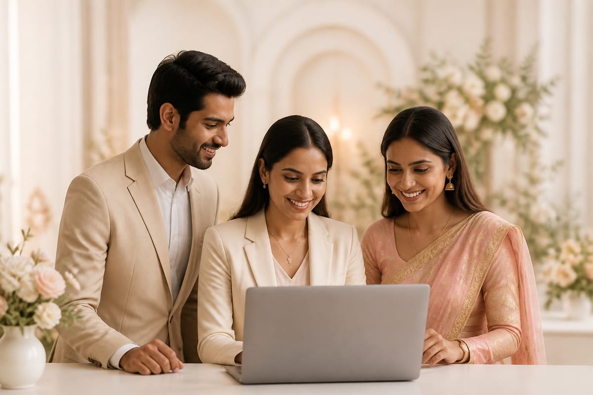 Studio team reviewing an invitation on a laptop
